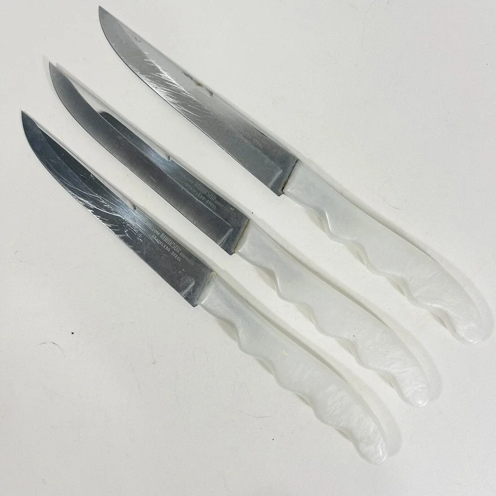 3 Robinson Hollow Ground Knife Set‎ White Pearl Handle Stainless Steel Vtg MCM